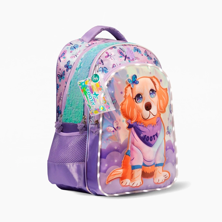 Mochila Escolar Footy 2026 Doggie Love Lila Rosa con Led y Carro 18" Art.F26423